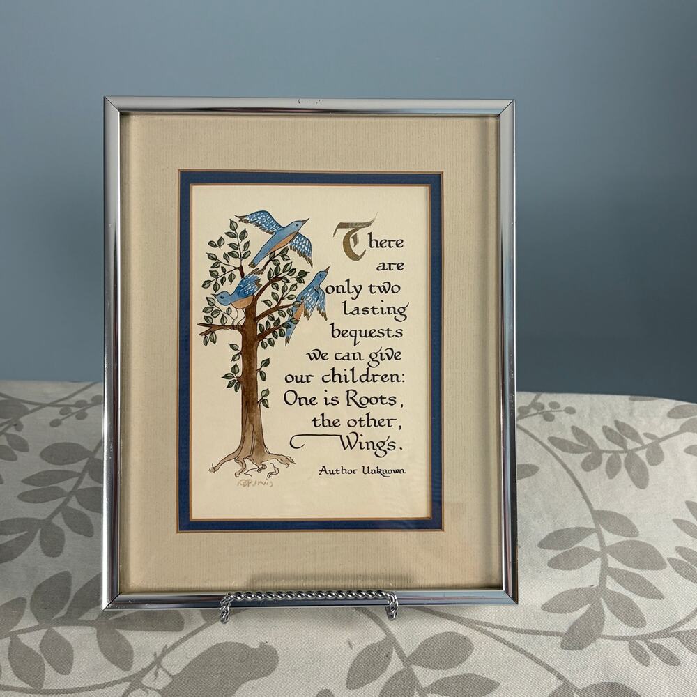 Hand illustrated Framed Roots and Wings Quote on parenting Northern VA Artist